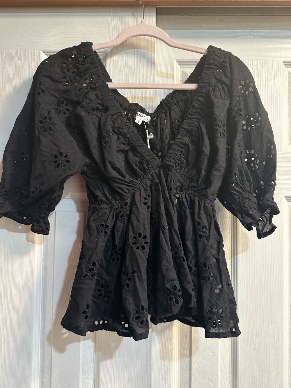 MINKPINK Black Eyelet Peasant Top with Puff Sleeves
